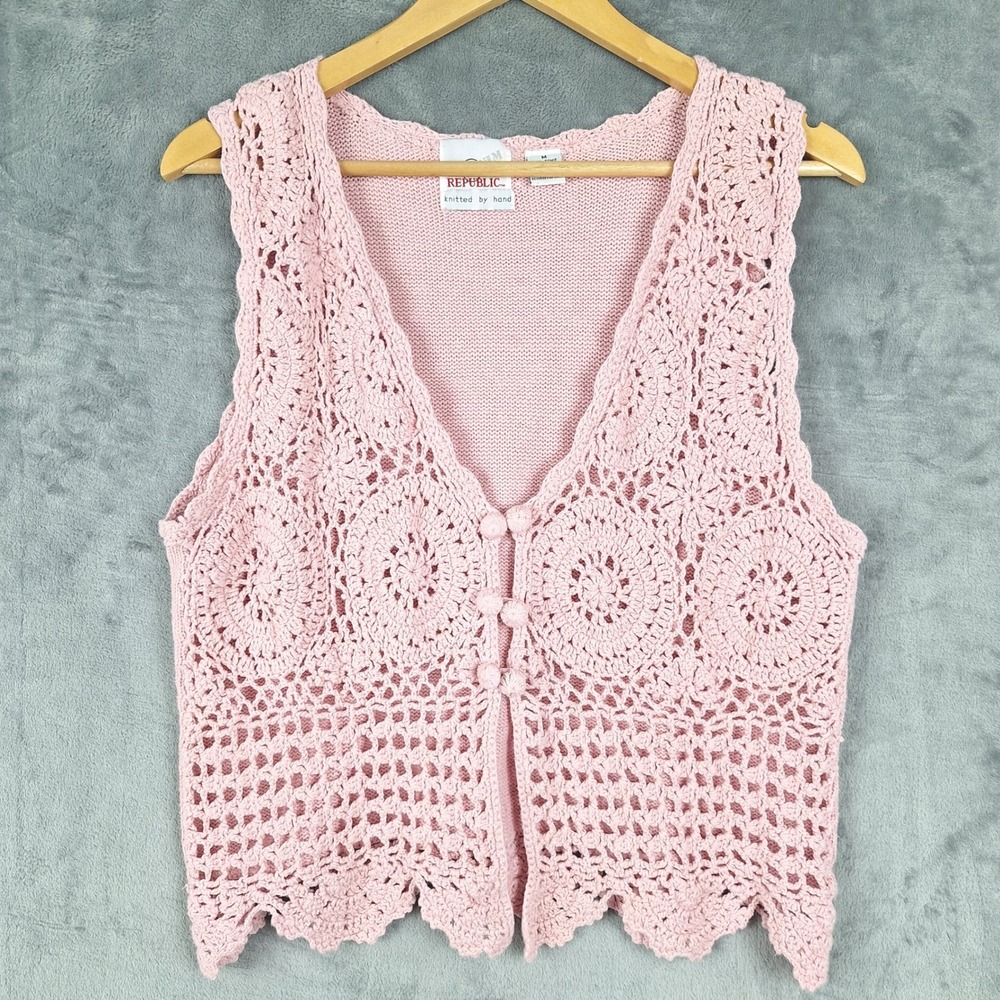 Vintage Womens Vest Medium Hand Knit Cottagecore Crochet Boho Coquette Granny